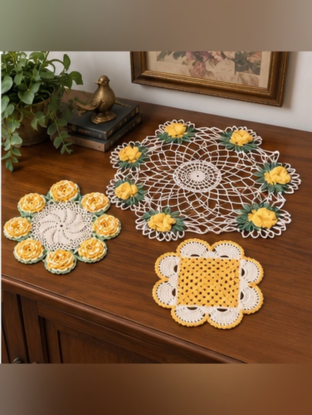 Vintage Crochet Doilies Set of 3 Yellow Green White Handmade Cottagecore